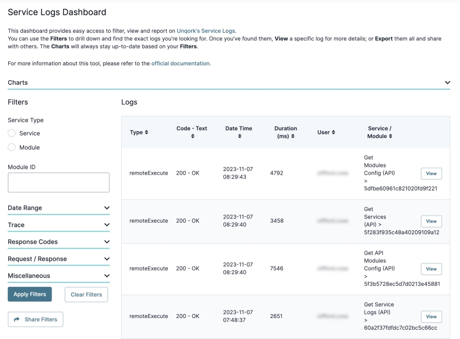 A static image displaying the Logs Dashboard in the Service Logs Dashboard tool.