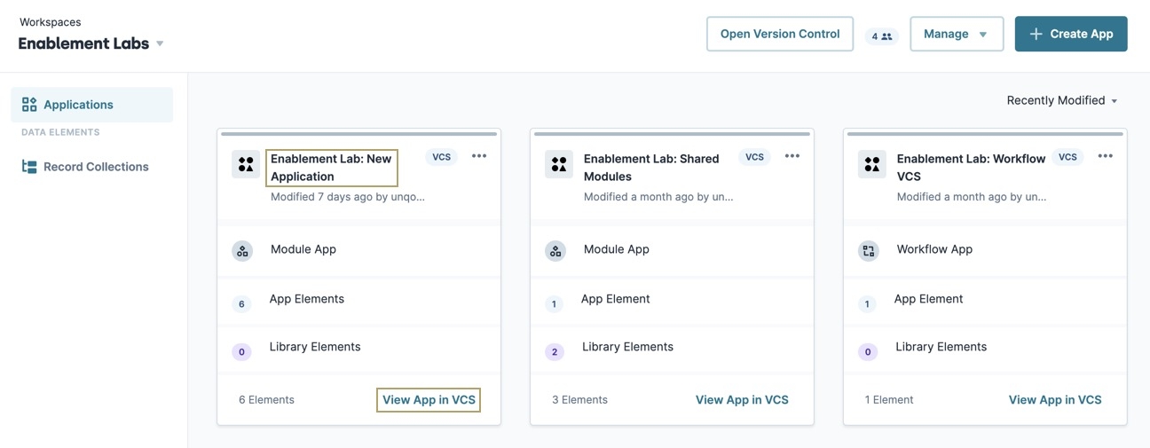 A static image displaying the Workspaces view. An application tile with VCS enabled displays the VCS icon, and displays the View App in VCS button.