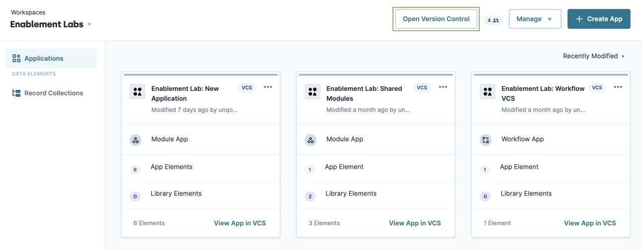 A static image displaying the Workspaces view. The Open Version Control button is highlighted in the upper right corner of the screen.