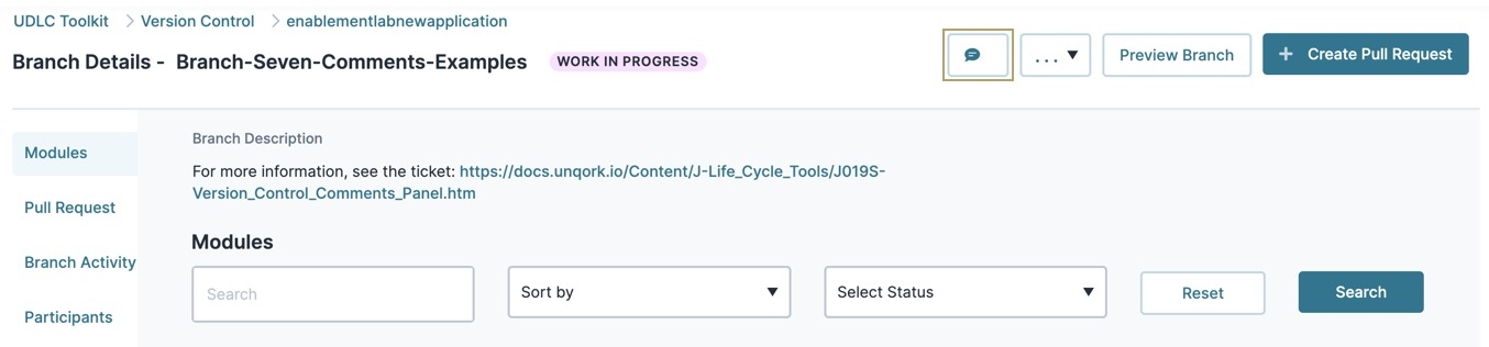A static image displaying the Branch Details' Modules page. The Leave Comments button is highlighted in gold.