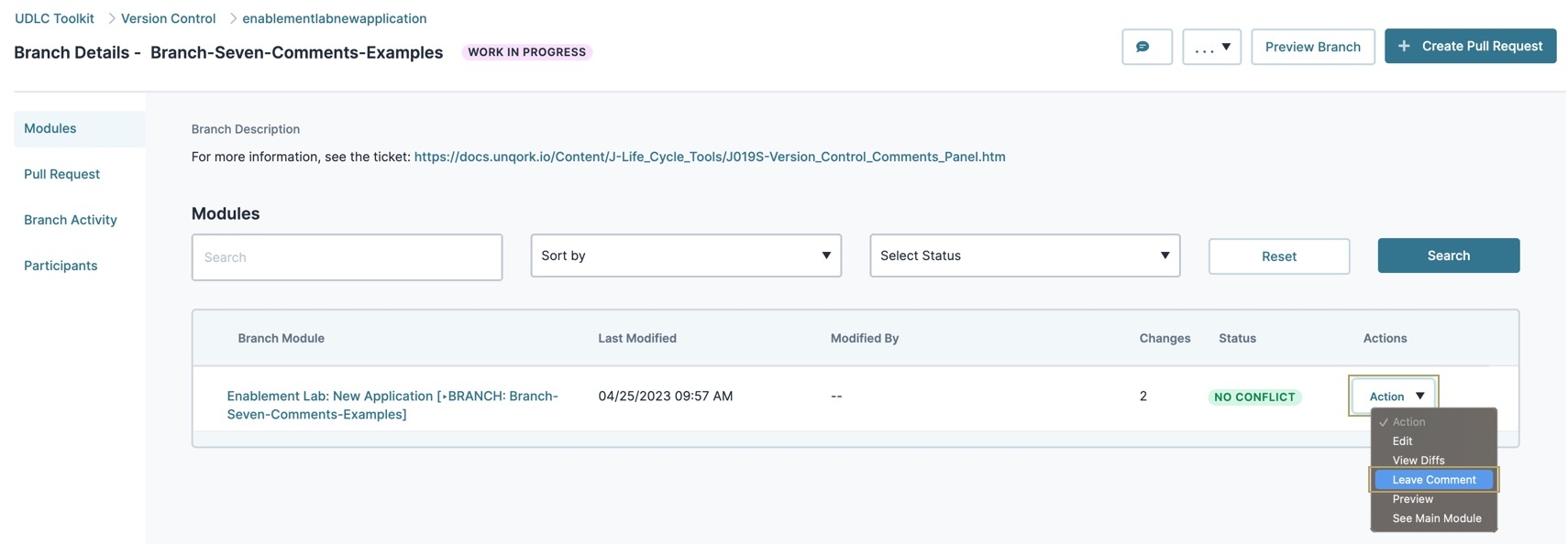 A static image displaying the Modules page. The Leave Comments button is highlighted in gold.