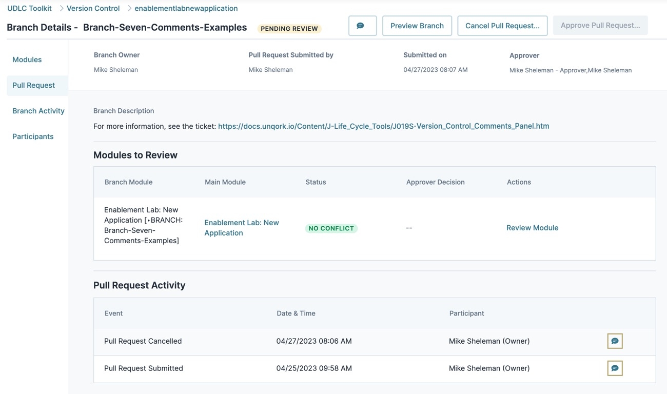 A static image displaying the Pull Request page. The Comments button is highlighted in gold.