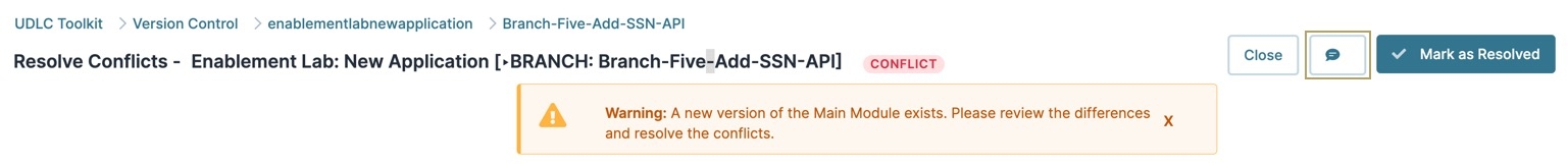 A static image displaying the Resolve Conflicts page. The Comments button is highlighted in gold.
