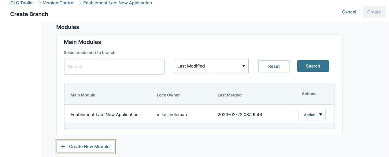 A static image displaying the Create Branch page. The Modules section is displayed and the Create New Module button is highlighted.