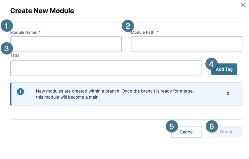 A static image displaying the Create Branch's Create New Module modal.