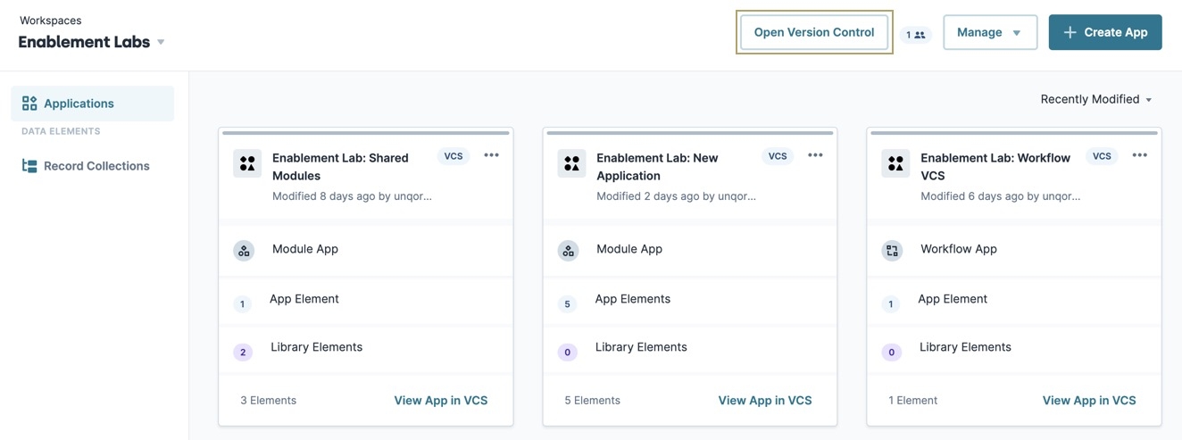 A static image displaying an Unqork Workspace, the Open Version Control button is highlighted.