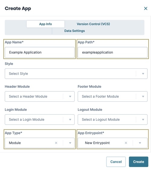 A static image of the Create Application modal. The App Info tab has the required fields filled out.