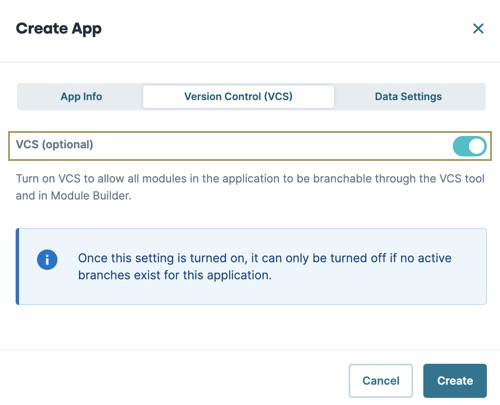 A static image of the Create App modal. The Version Control (VCS) tab is selected and the VCS (Optiona) setting is toggled to ON.