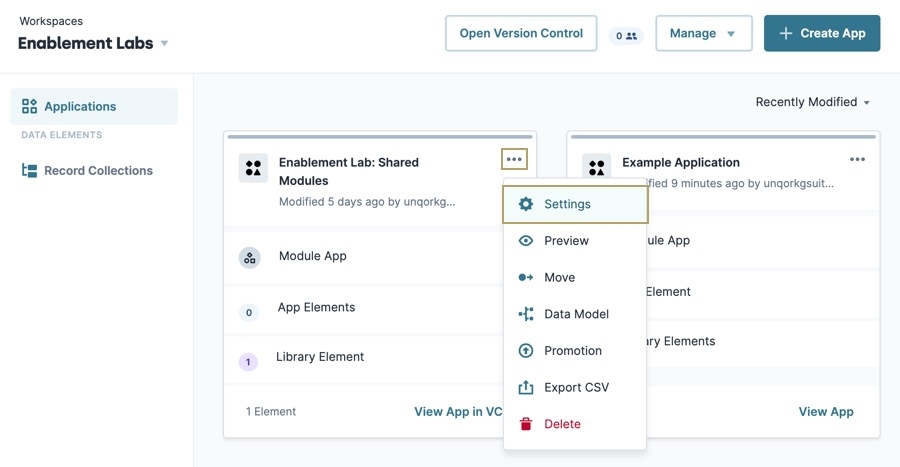 A static image displaying a workspace. An application's setting menu is displayed, and the Settings button is highlighted.