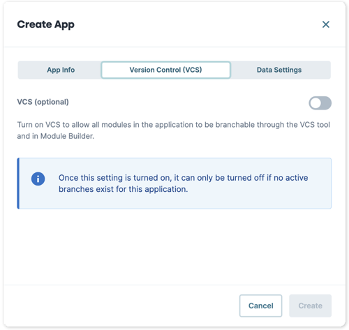 A static image of the Create Application modal's Version Control tab.