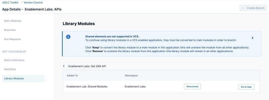 A static image displaying a Shared Module's Application and Workspace Share list. The list contains the options to Disconnect the shared module, or view the app it is shared with.