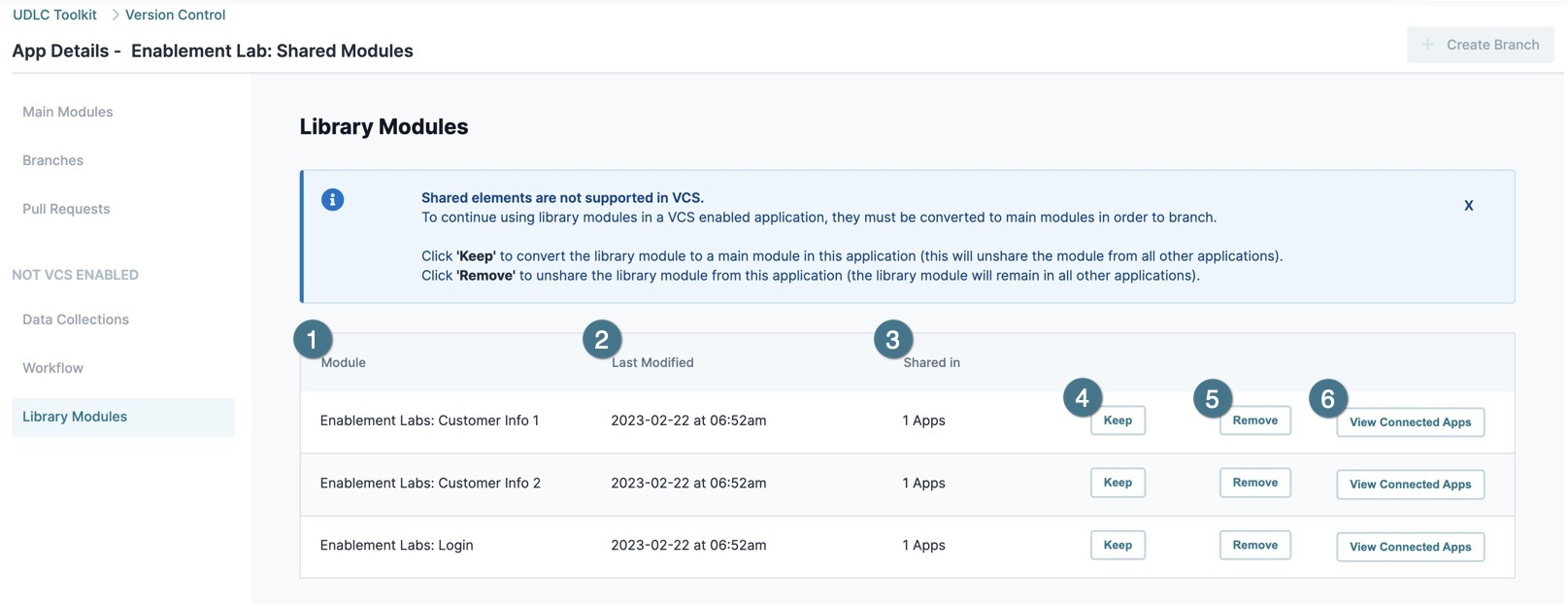 A static image displaying the App View Detail's Library Modules page. Shared Modules must be reconciled by converting them to Main Modules, or removing them from the application.