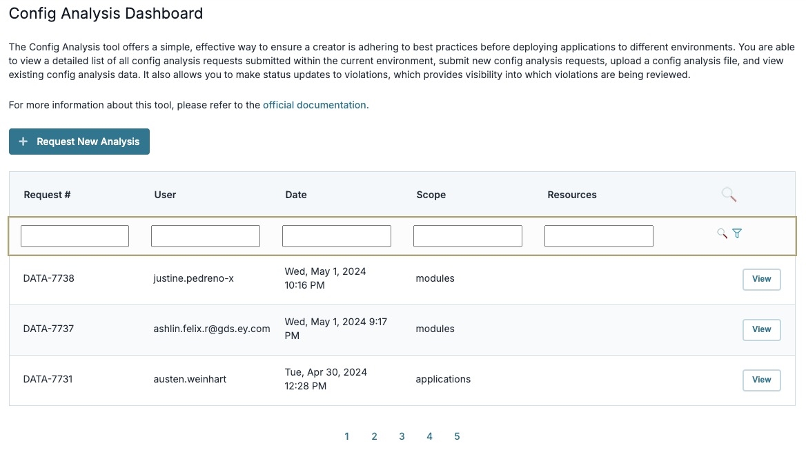 A static image displaying the Config Analysis Dashboard filter.