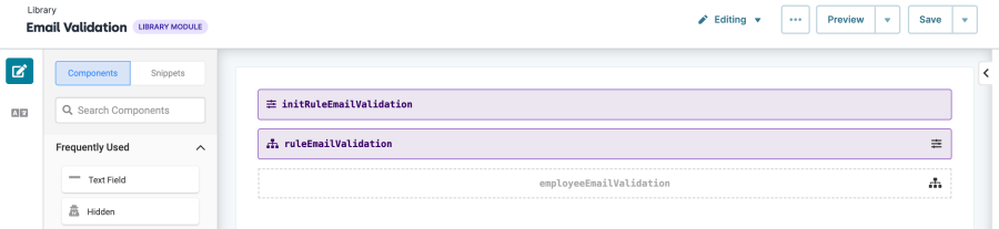 Image showing the Email Validation module. The module contains an Initializer, Decisions, and Hidden component. 