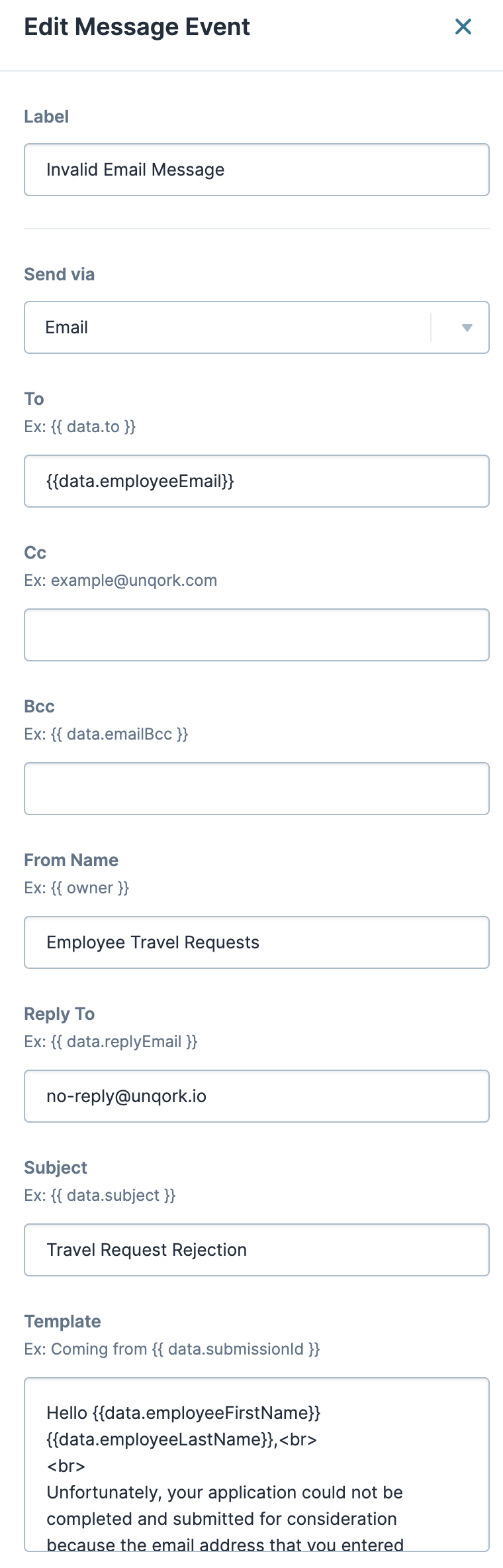 Image displaying the Message node configuration that notifies invalid email address domains that their travel request application has been denied. 