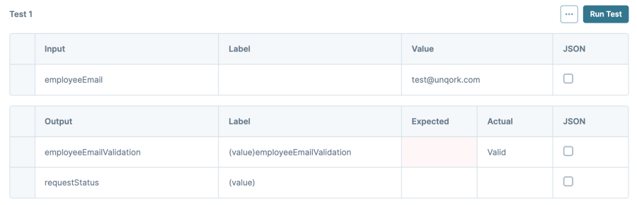 Image showing the Decisions component's Unit Testing tool. The image displays a valid test from an @unqork.com domain. 