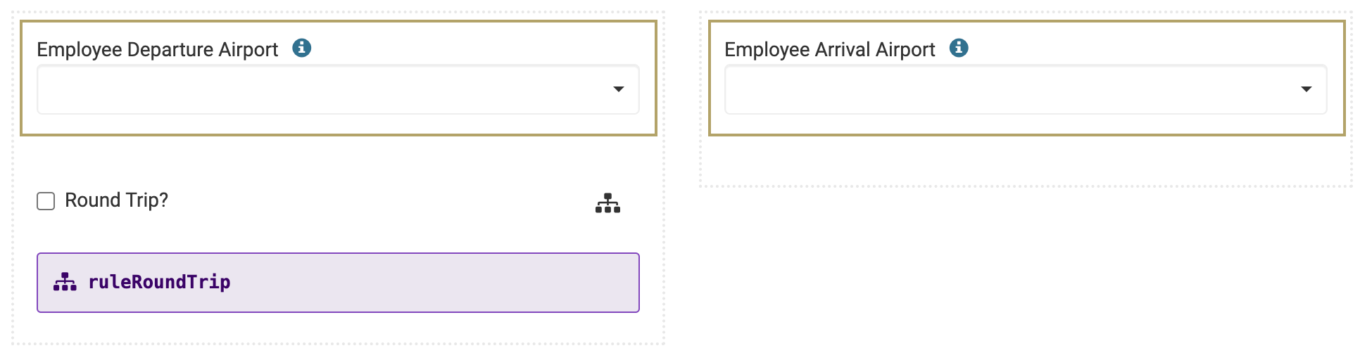 Image showing the employeeDepartureAirport and employeeArrivalAirport Address Search component configuration in the Employee Travel Information module.