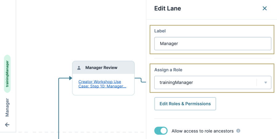 Image showing the swimlane Edit Lane window settings for the Manager swimlane. The Label field is named Manager and the Assign a Role field is set to trainingManager.