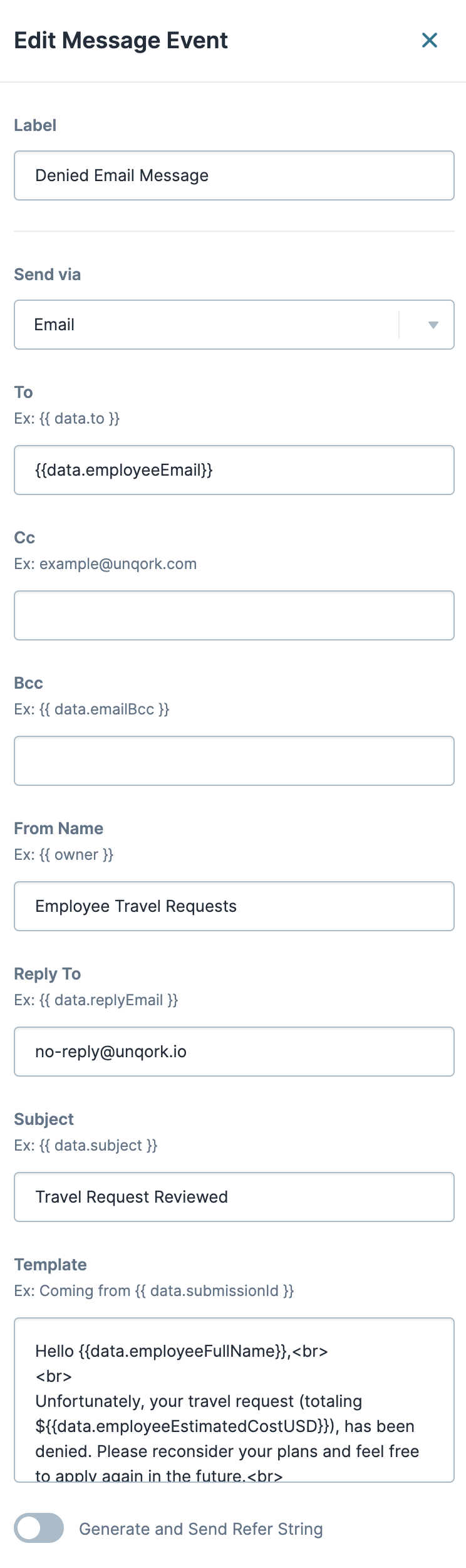 Image displaying the Message node configuration that notifies employees that their travel request application is denied.