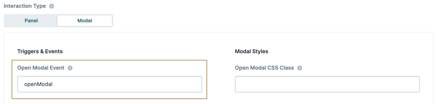 Image displaying the Panel component's Open Modal Event field populated with openModal.