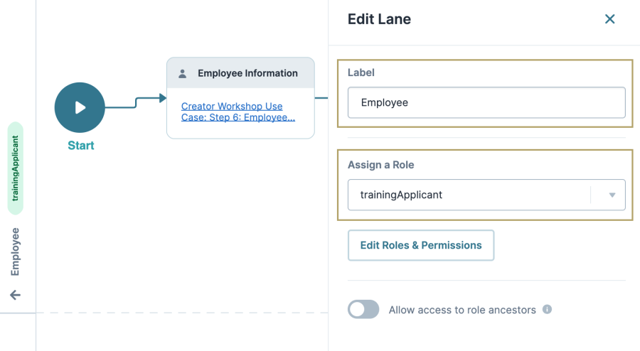 Image showing the swimlane Edit Lane window settings for the Employee swimlane. The Label field is named Employee and the Assign a Role field is set to trainingApplicant.