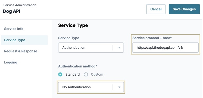 A static image displaying the Service Administration page for the Dog API. The Service Protocol plus host field and the Authentication Method dropdown are highlighted.