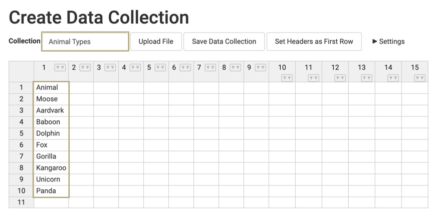 A static image displaying the Create Data Collection page, the Collection name is set to Animal Stypes and the first column contains difft animal names for values.