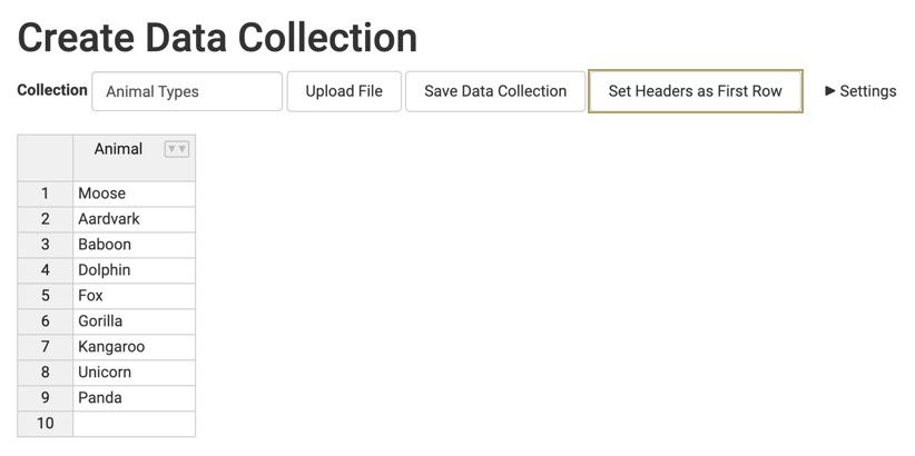 A static image displaying the Create Data Collection page, clikcing the "Set Headers as First Row" converts the first row into a header.