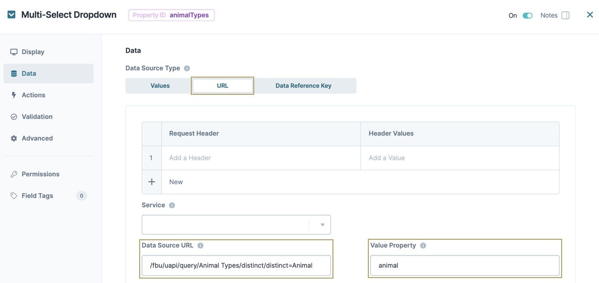 A static image displaying the Multi-Select Dropdown component's Data settings. The Data Source type is set to URL and the Data Source URL and Value Property fields are filled out.