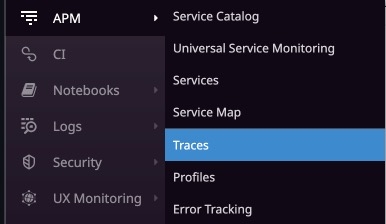 A static image displaying the Traces option for the Datadog side menu.