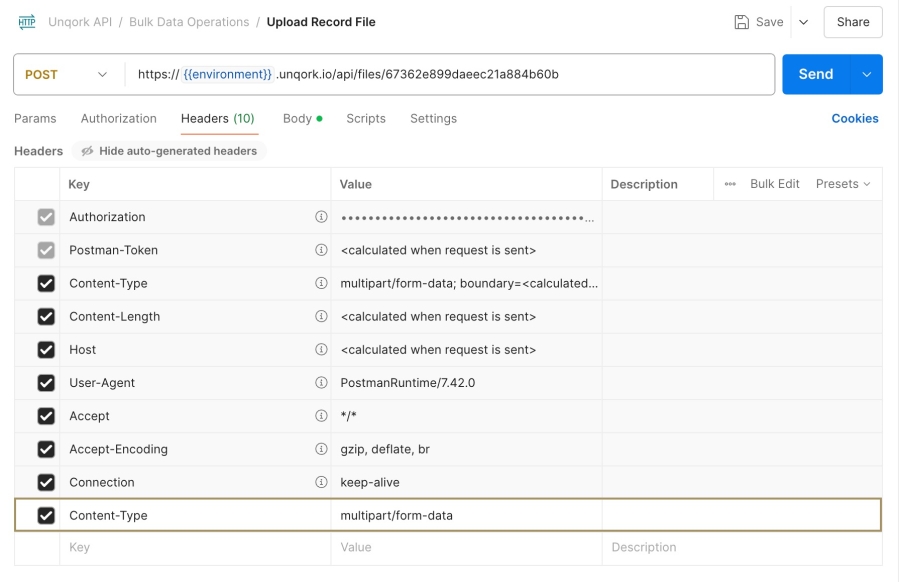 A static image displaying the Postman Headers tab. The headers include the Content-Type key with a value of multipart/form-data.