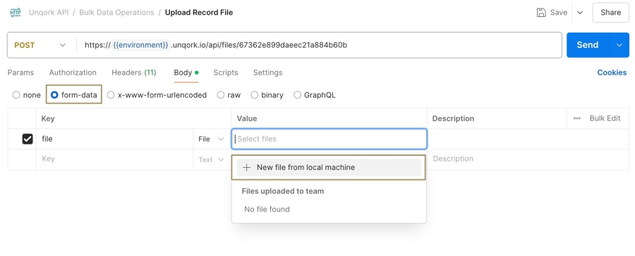 A static image displaying the Postman Body. the form-data type is selected, and the file key's value is selected, displaying a file selection box.