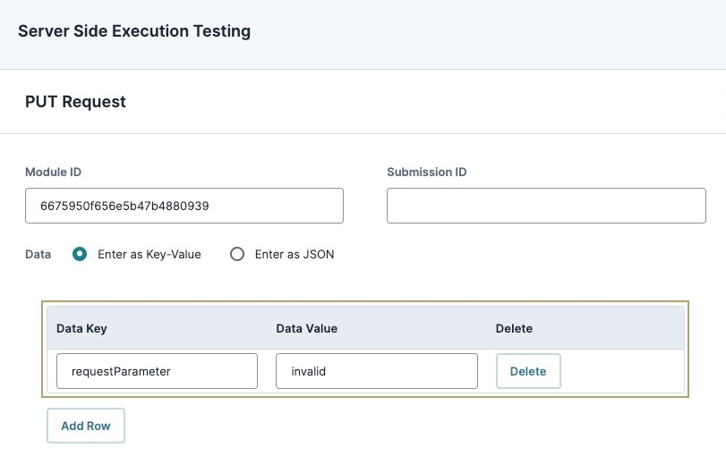 A static image displaying the Server Side Execution Testing page. The Data Key is set to "requestParameter" and the Data Value is set to "invalid".