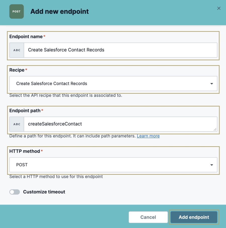 A static image displaying the Add New Endpoint modal with it's completed fields to create Salesforce contact information in Unqork.