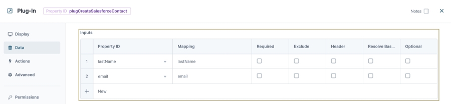A static image displaying the Plug-In component's inputs for creating a last name and email address for a contact in Salesforce.