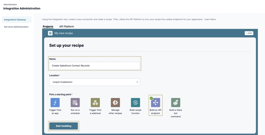 A static image displaying the creation of the Create Salesforce Contact Records recipe.