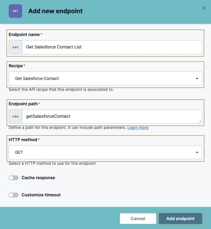A static image displaying the Add New Endpoint modal with it's completed fields to get Salesforce contact information in Unqork.