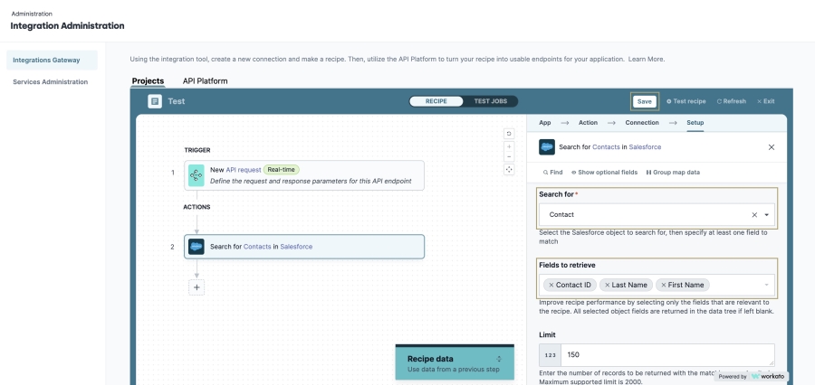 A static image displaying the Salesforce Contact fields to search by in the Integrations Gateway Action.
