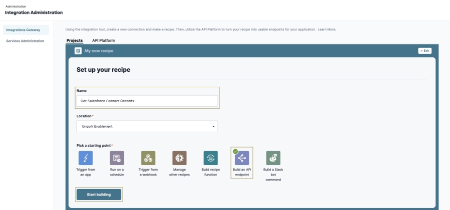 A static image displaying the creation of the Get Salesforce Contact Records recipe.