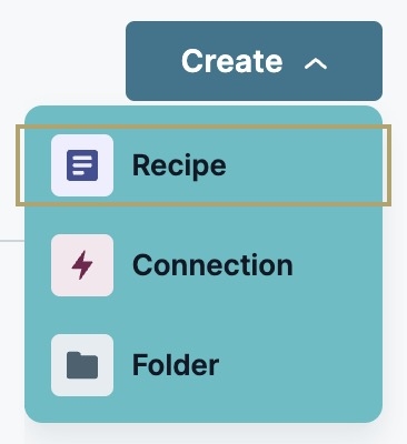 A static image displaying the Create drop-down to select a new recipe
