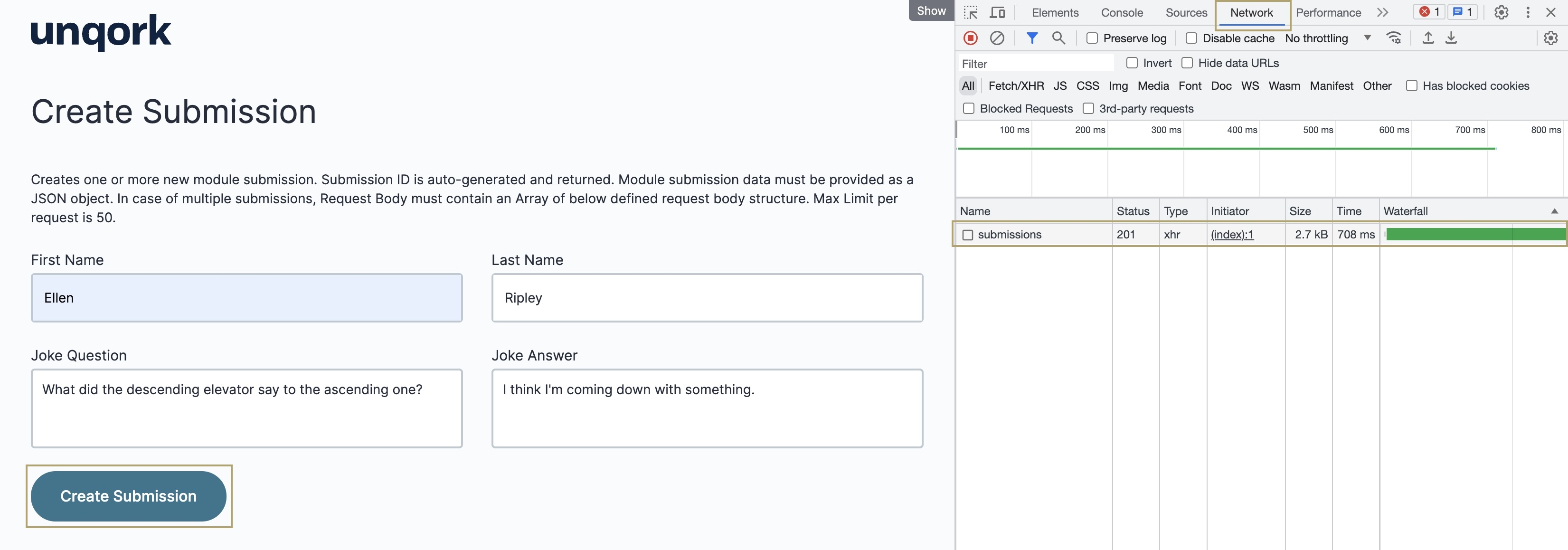 A static image displaying the successfully created submission in the DevTools Console.