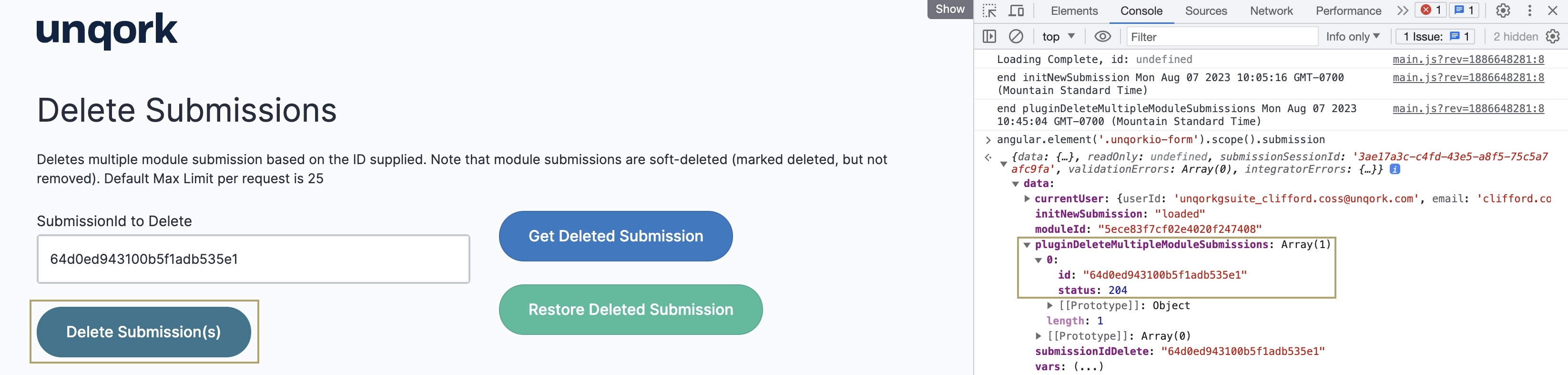 A static image displaying the deleted submission ID in the DevTools Console.