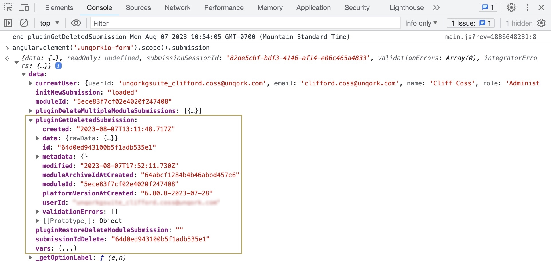 A static image displaying the restored submission data in the DevTools Console.