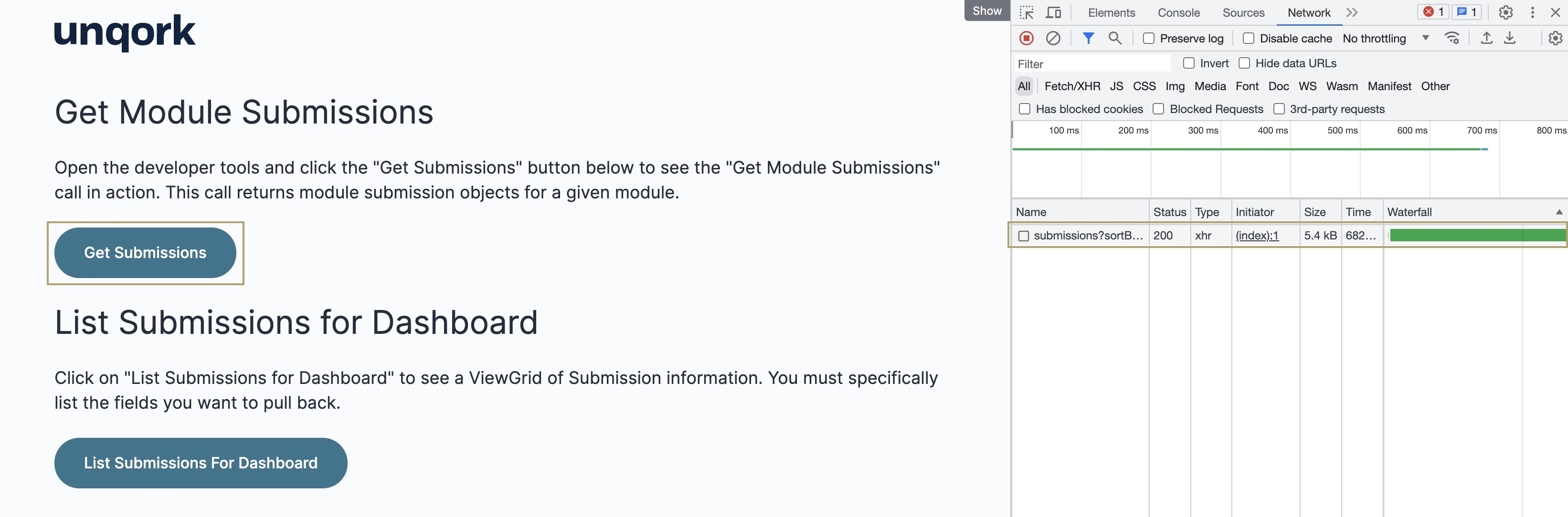 A static image displaying a successful get module submission API call in the DevTools Console.