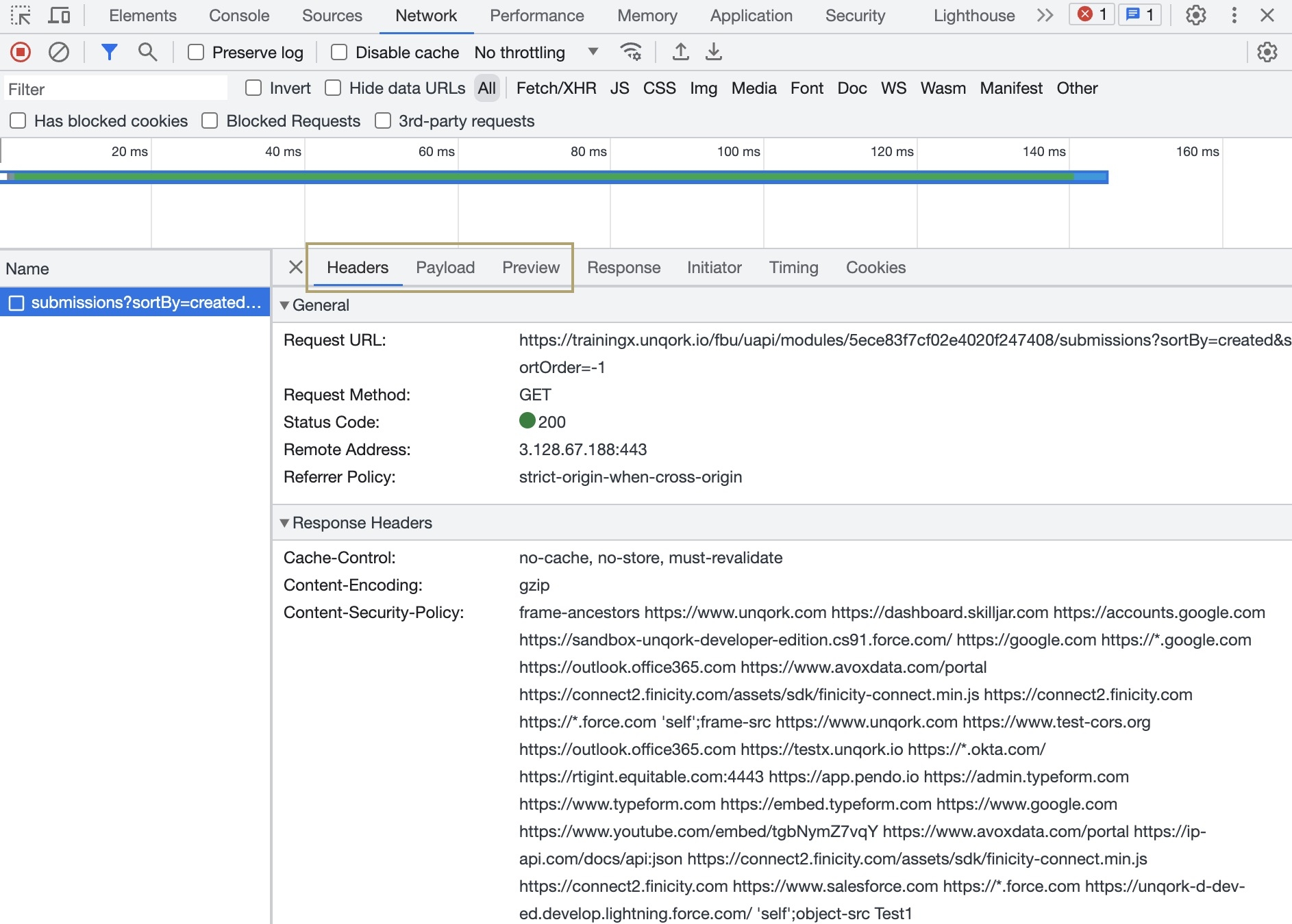 A static image displaying the headers, payload, and preview tabs of the submission in the DevTools Console.
