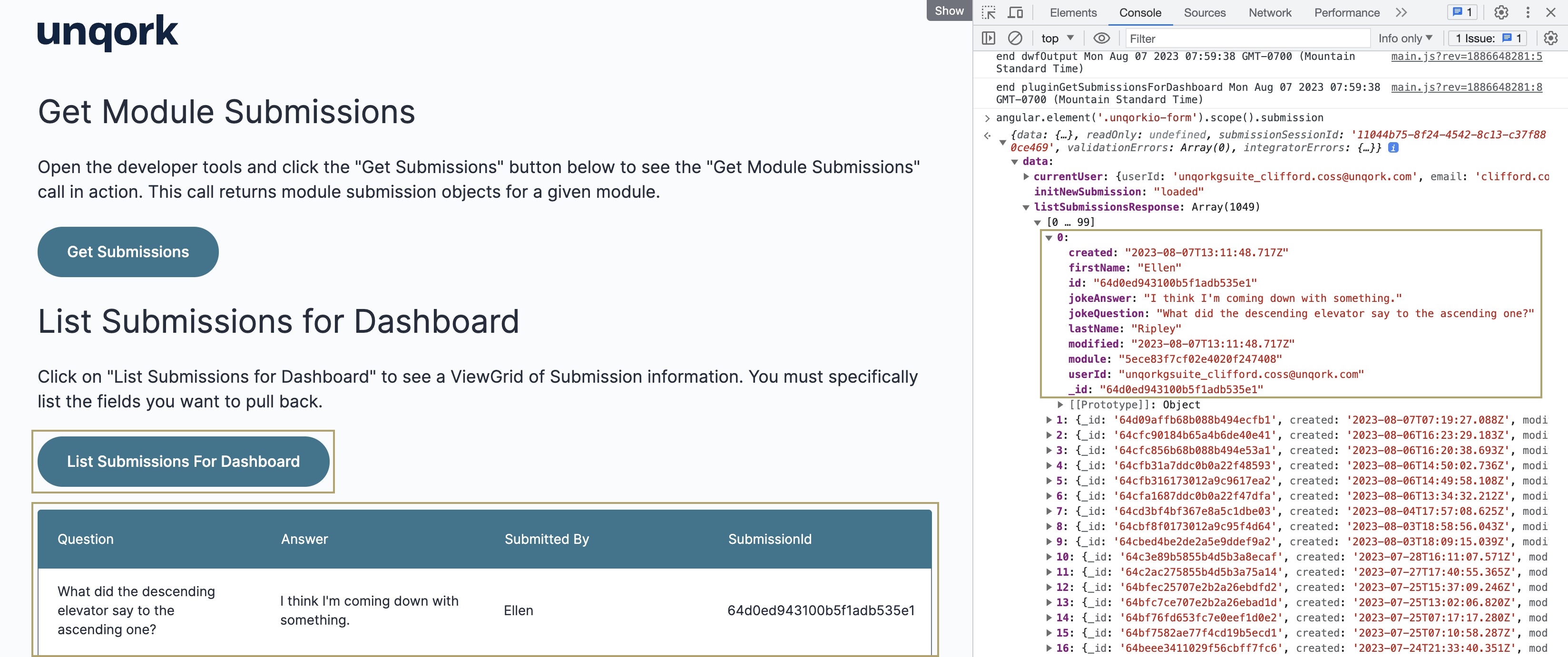 A static image displaying the grid data and detailed submission data in the DevTools Console.
