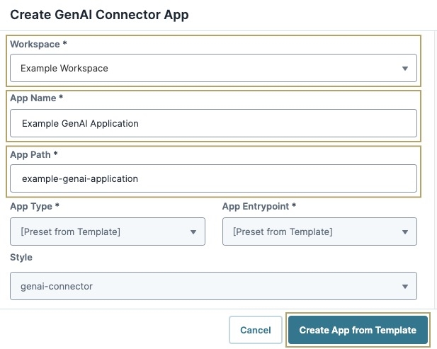 A static image displaying the Create GenAI Connector App modal.