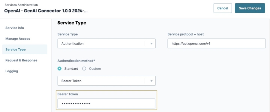 A static image displaying the OpenAI Connector's Service page. The Bearer token field is highlighted.