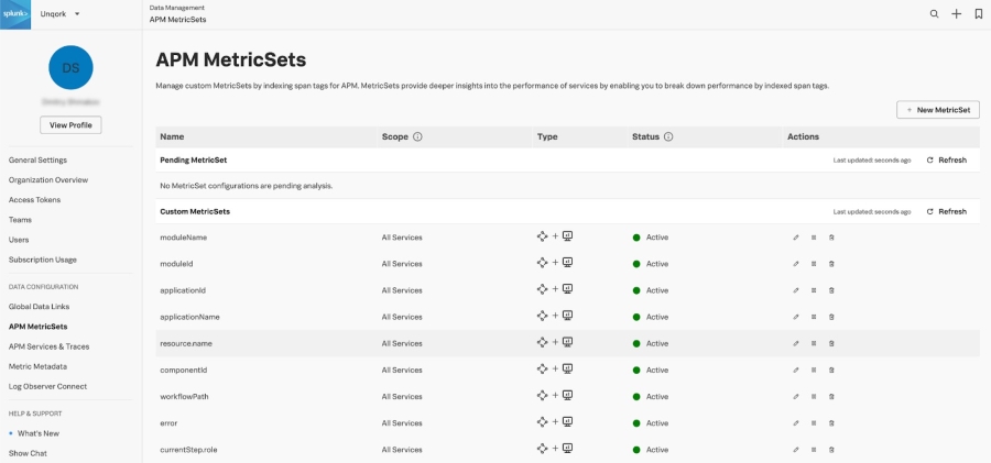 A static image displaying an example of custom Monitoring MetricSets in Splunk's APM settings.