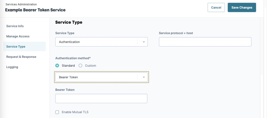 A static image displaying bearer token setup on the service administration page.